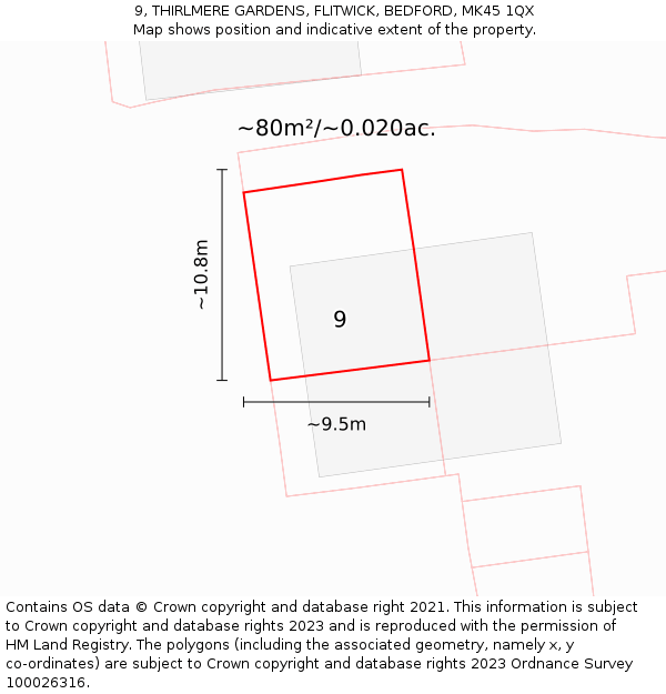 9, THIRLMERE GARDENS, FLITWICK, BEDFORD, MK45 1QX: Plot and title map