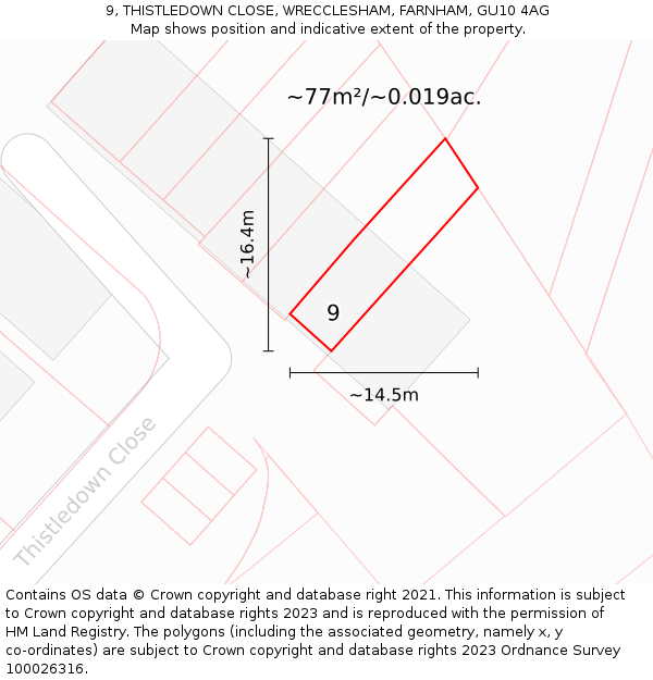 9, THISTLEDOWN CLOSE, WRECCLESHAM, FARNHAM, GU10 4AG: Plot and title map