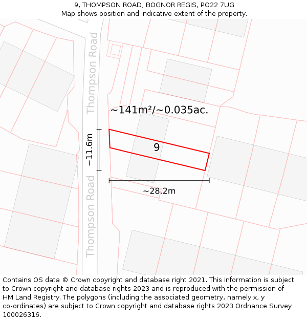 9, THOMPSON ROAD, BOGNOR REGIS, PO22 7UG: Plot and title map