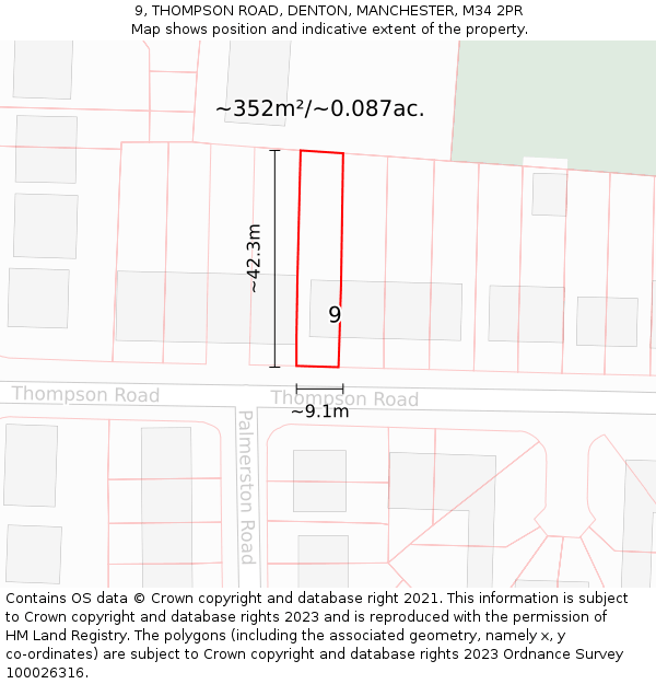 9, THOMPSON ROAD, DENTON, MANCHESTER, M34 2PR: Plot and title map