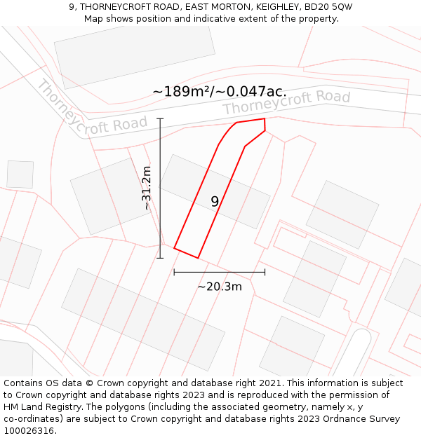 9, THORNEYCROFT ROAD, EAST MORTON, KEIGHLEY, BD20 5QW: Plot and title map