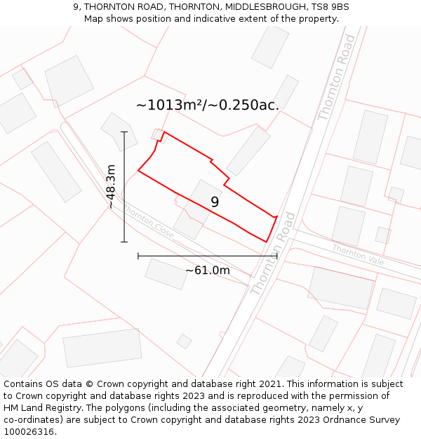 9, THORNTON ROAD, THORNTON, MIDDLESBROUGH, TS8 9BS: Plot and title map