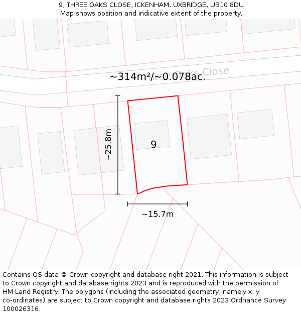9, THREE OAKS CLOSE, ICKENHAM, UXBRIDGE, UB10 8DU: Plot and title map