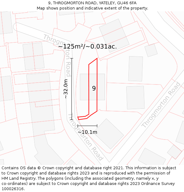 9, THROGMORTON ROAD, YATELEY, GU46 6FA: Plot and title map