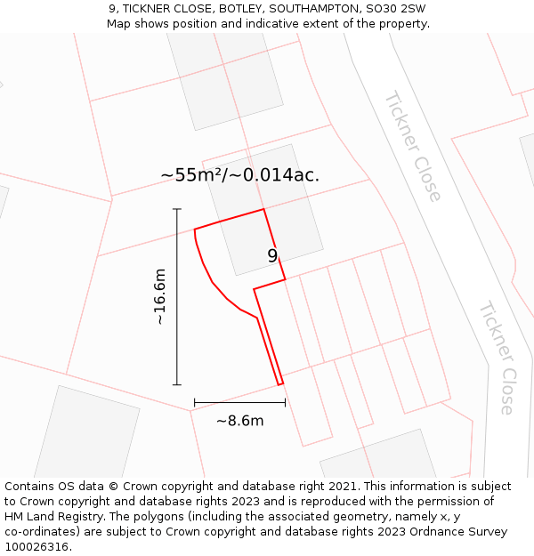 9, TICKNER CLOSE, BOTLEY, SOUTHAMPTON, SO30 2SW: Plot and title map