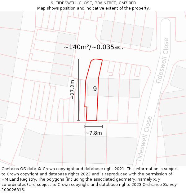 9, TIDESWELL CLOSE, BRAINTREE, CM7 9FR: Plot and title map