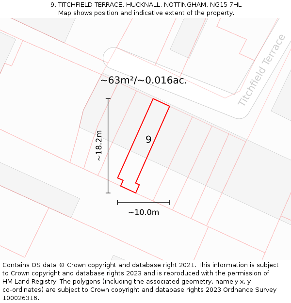 9, TITCHFIELD TERRACE, HUCKNALL, NOTTINGHAM, NG15 7HL: Plot and title map