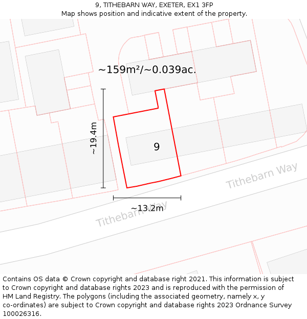 9, TITHEBARN WAY, EXETER, EX1 3FP: Plot and title map