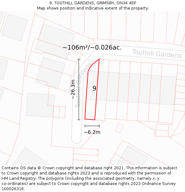 9, TOOTHILL GARDENS, GRIMSBY, DN34 4EP: Plot and title map