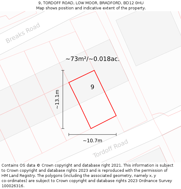 9, TORDOFF ROAD, LOW MOOR, BRADFORD, BD12 0HU: Plot and title map