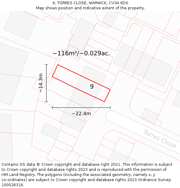 9, TORRES CLOSE, WARWICK, CV34 6DS: Plot and title map