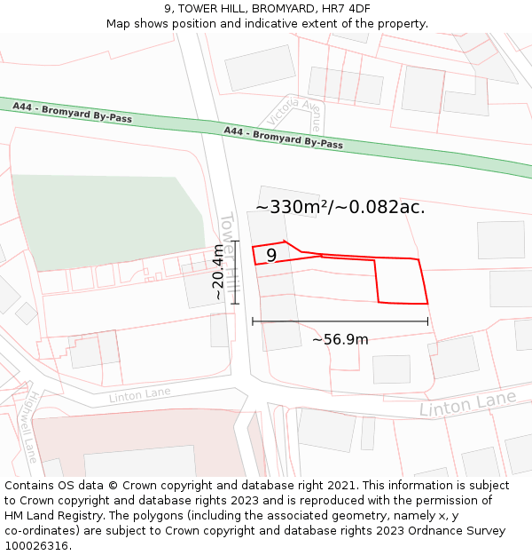 9, TOWER HILL, BROMYARD, HR7 4DF: Plot and title map