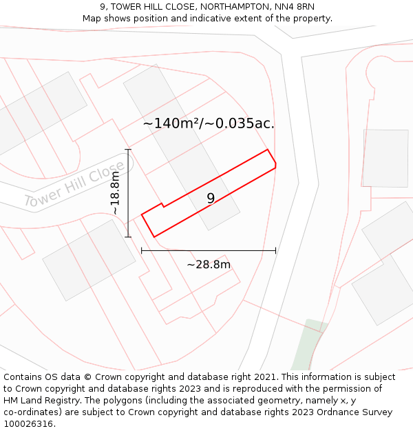 9, TOWER HILL CLOSE, NORTHAMPTON, NN4 8RN: Plot and title map