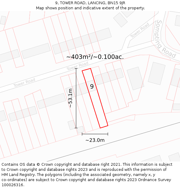 9, TOWER ROAD, LANCING, BN15 9JR: Plot and title map