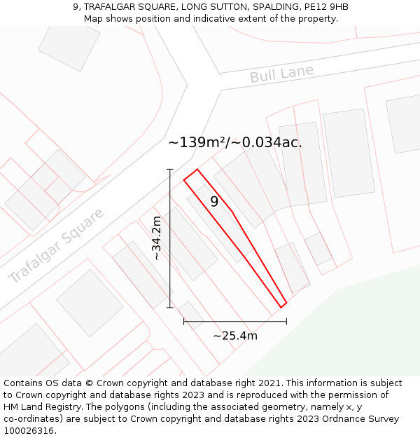 9, TRAFALGAR SQUARE, LONG SUTTON, SPALDING, PE12 9HB: Plot and title map