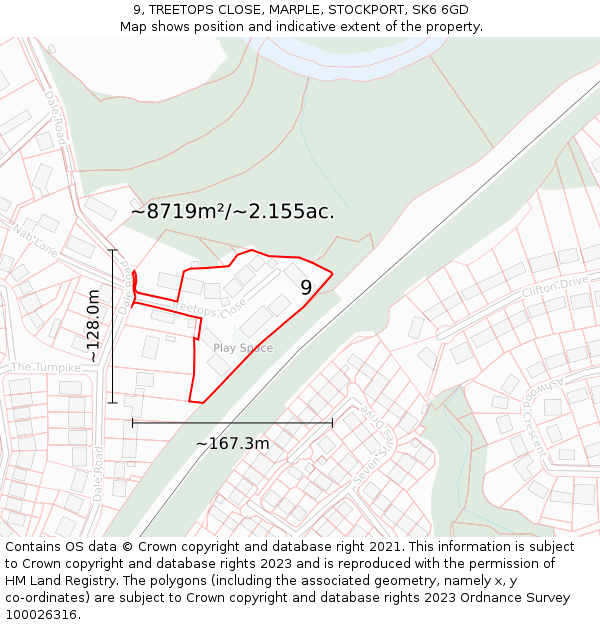 9, TREETOPS CLOSE, MARPLE, STOCKPORT, SK6 6GD: Plot and title map