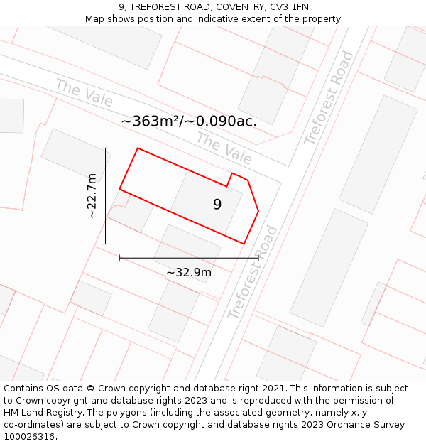 9, TREFOREST ROAD, COVENTRY, CV3 1FN: Plot and title map