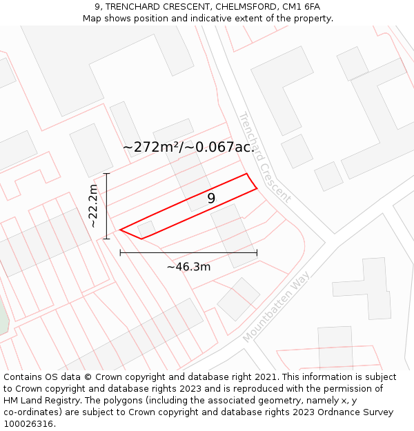 9, TRENCHARD CRESCENT, CHELMSFORD, CM1 6FA: Plot and title map