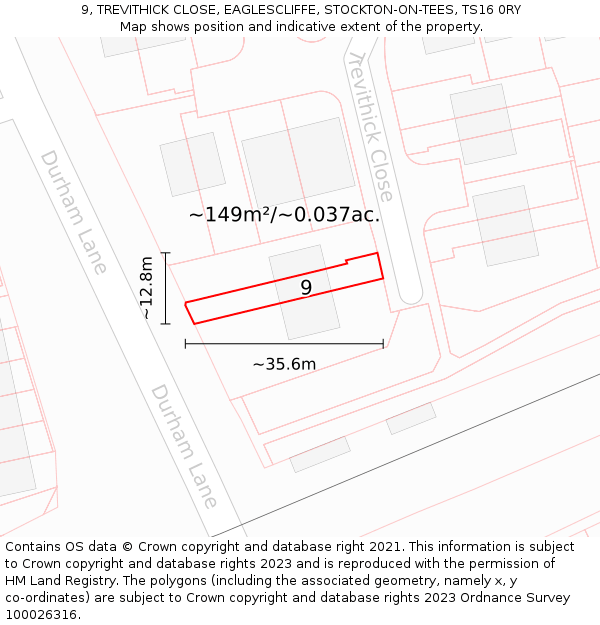 9, TREVITHICK CLOSE, EAGLESCLIFFE, STOCKTON-ON-TEES, TS16 0RY: Plot and title map