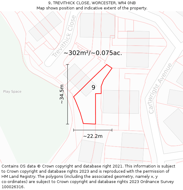 9, TREVITHICK CLOSE, WORCESTER, WR4 0NB: Plot and title map