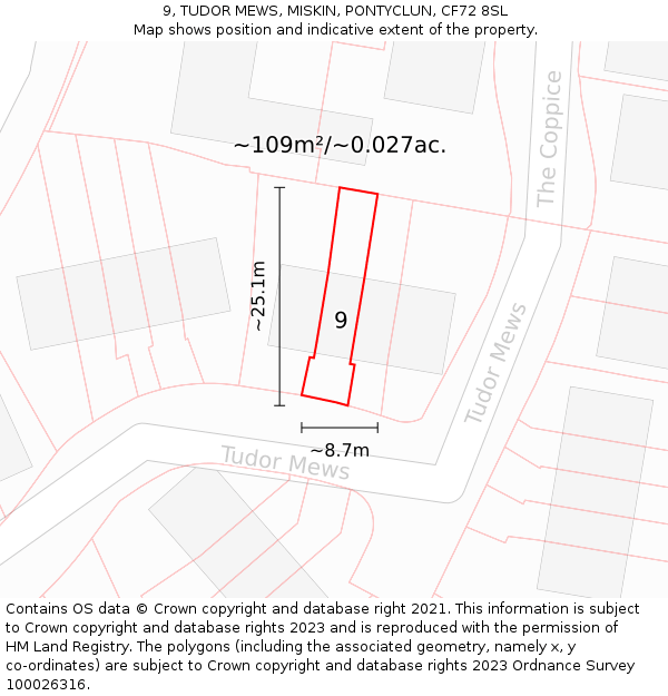 9, TUDOR MEWS, MISKIN, PONTYCLUN, CF72 8SL: Plot and title map