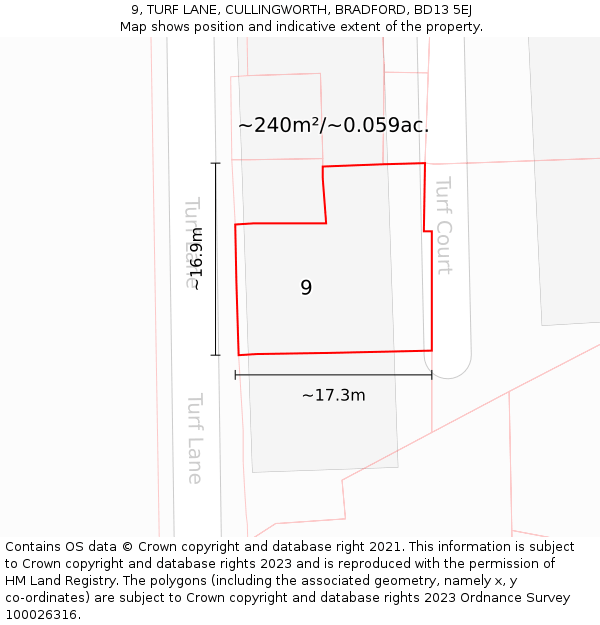 9, TURF LANE, CULLINGWORTH, BRADFORD, BD13 5EJ: Plot and title map