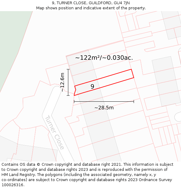 9, TURNER CLOSE, GUILDFORD, GU4 7JN: Plot and title map