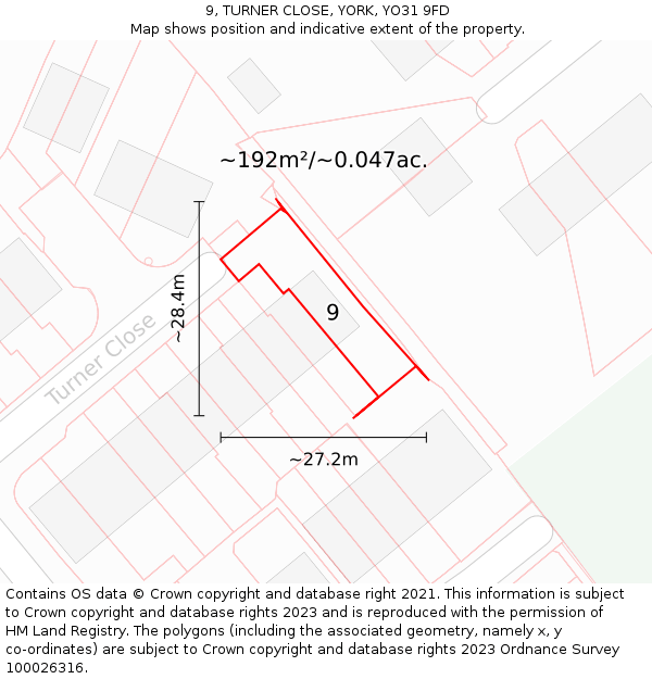 9, TURNER CLOSE, YORK, YO31 9FD: Plot and title map