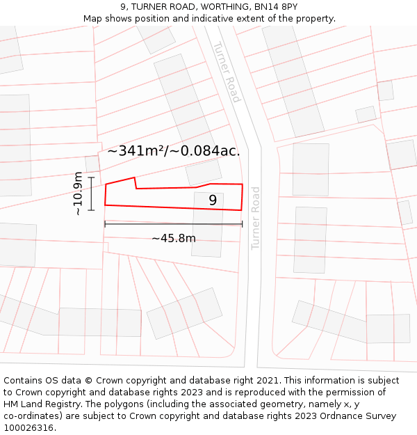 9, TURNER ROAD, WORTHING, BN14 8PY: Plot and title map