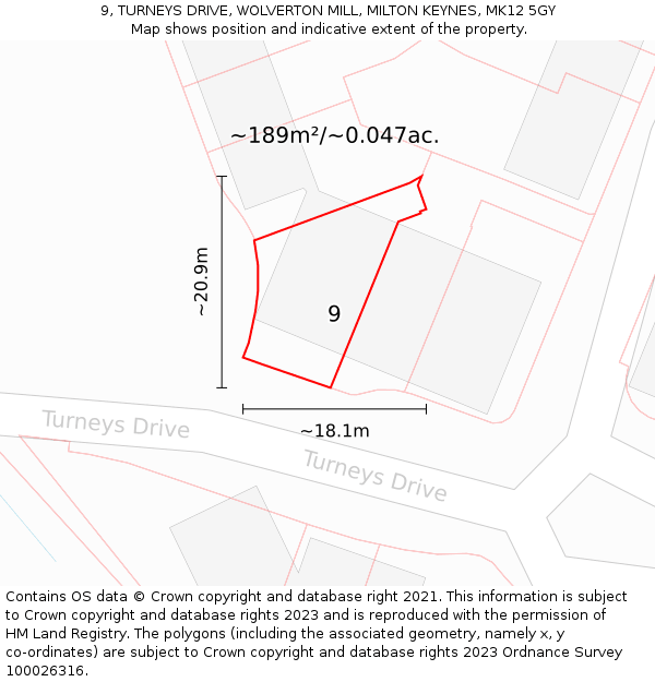 9, TURNEYS DRIVE, WOLVERTON MILL, MILTON KEYNES, MK12 5GY: Plot and title map