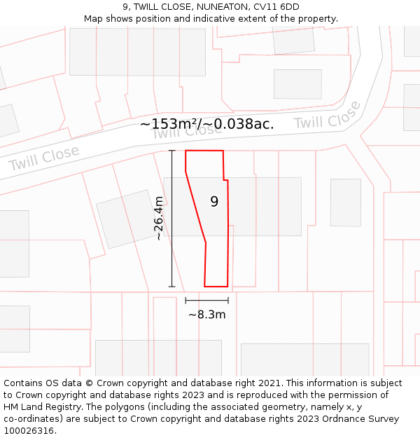 9, TWILL CLOSE, NUNEATON, CV11 6DD: Plot and title map