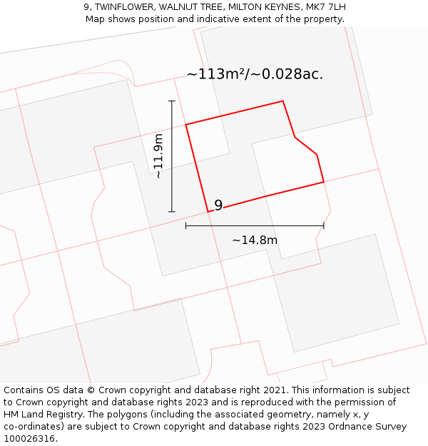9, TWINFLOWER, WALNUT TREE, MILTON KEYNES, MK7 7LH: Plot and title map