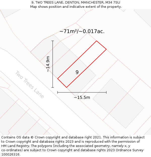 9, TWO TREES LANE, DENTON, MANCHESTER, M34 7SU: Plot and title map