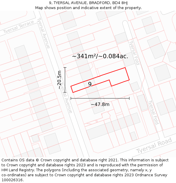 9, TYERSAL AVENUE, BRADFORD, BD4 8HJ: Plot and title map