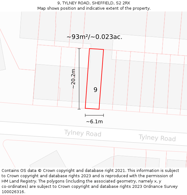 9, TYLNEY ROAD, SHEFFIELD, S2 2RX: Plot and title map