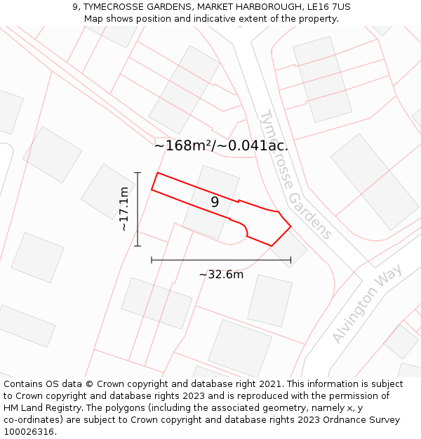 9, TYMECROSSE GARDENS, MARKET HARBOROUGH, LE16 7US: Plot and title map