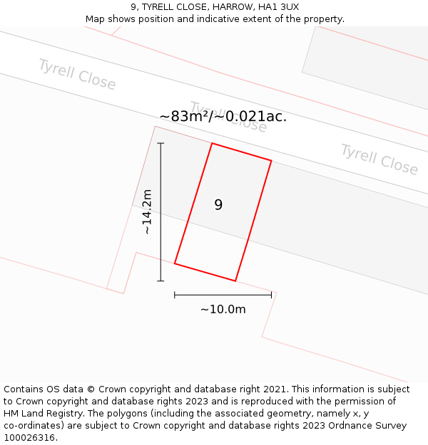 9, TYRELL CLOSE, HARROW, HA1 3UX: Plot and title map