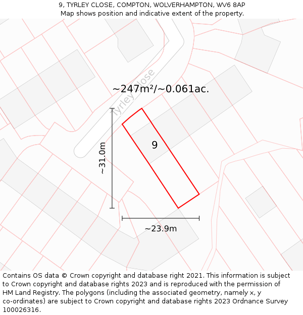 9, TYRLEY CLOSE, COMPTON, WOLVERHAMPTON, WV6 8AP: Plot and title map