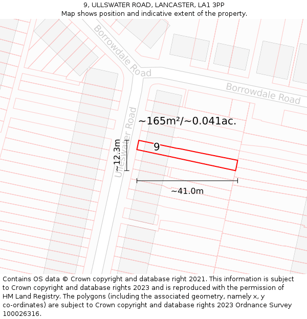 9, ULLSWATER ROAD, LANCASTER, LA1 3PP: Plot and title map