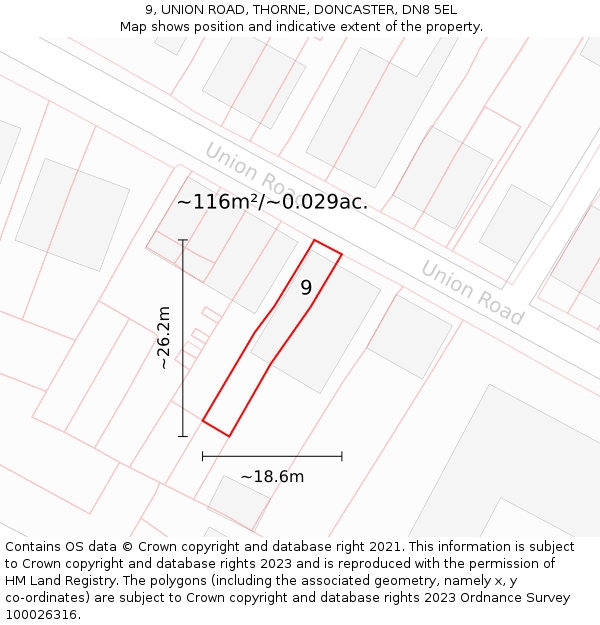 9, UNION ROAD, THORNE, DONCASTER, DN8 5EL: Plot and title map
