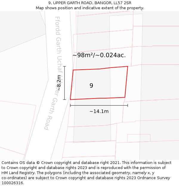 9, UPPER GARTH ROAD, BANGOR, LL57 2SR: Plot and title map