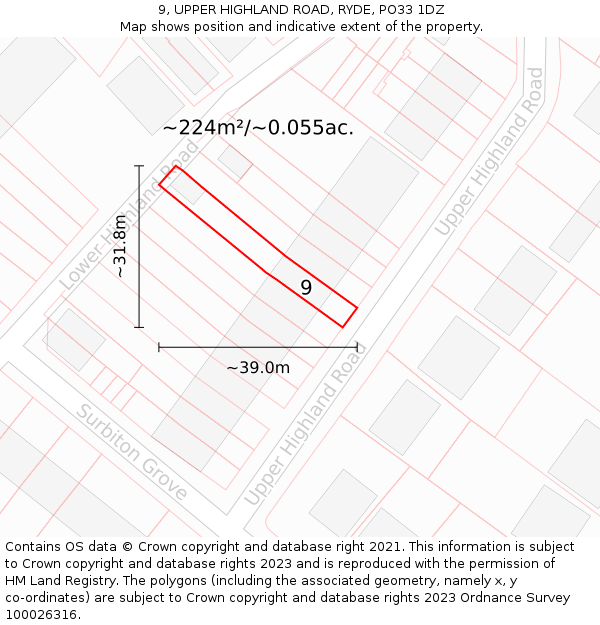 9, UPPER HIGHLAND ROAD, RYDE, PO33 1DZ: Plot and title map