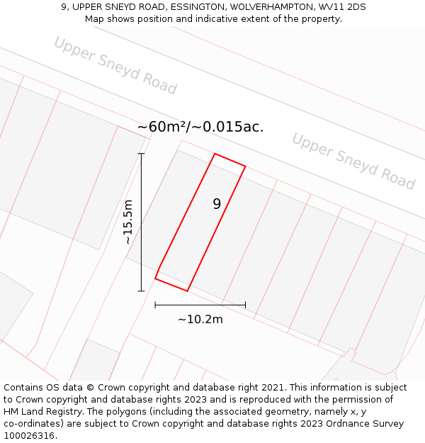 9, UPPER SNEYD ROAD, ESSINGTON, WOLVERHAMPTON, WV11 2DS: Plot and title map