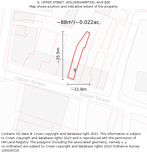 9, UPPER STREET, WOLVERHAMPTON, WV6 8QF: Plot and title map
