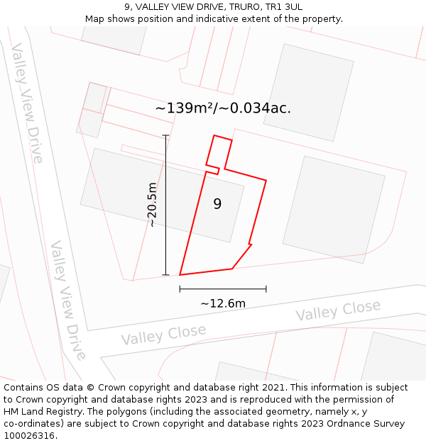 9, VALLEY VIEW DRIVE, TRURO, TR1 3UL: Plot and title map