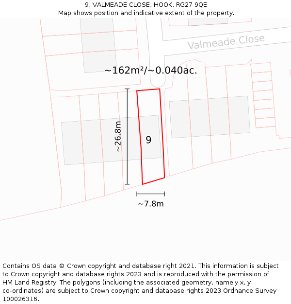 9, VALMEADE CLOSE, HOOK, RG27 9QE: Plot and title map