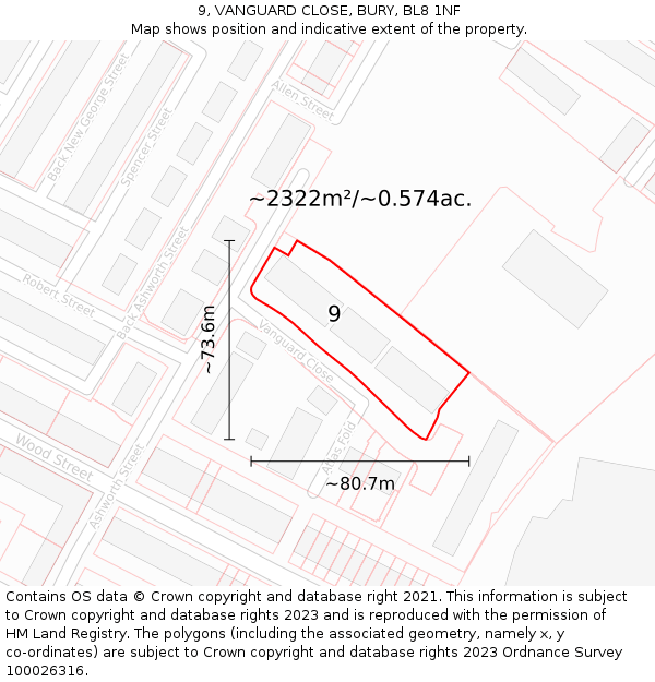 9, VANGUARD CLOSE, BURY, BL8 1NF: Plot and title map