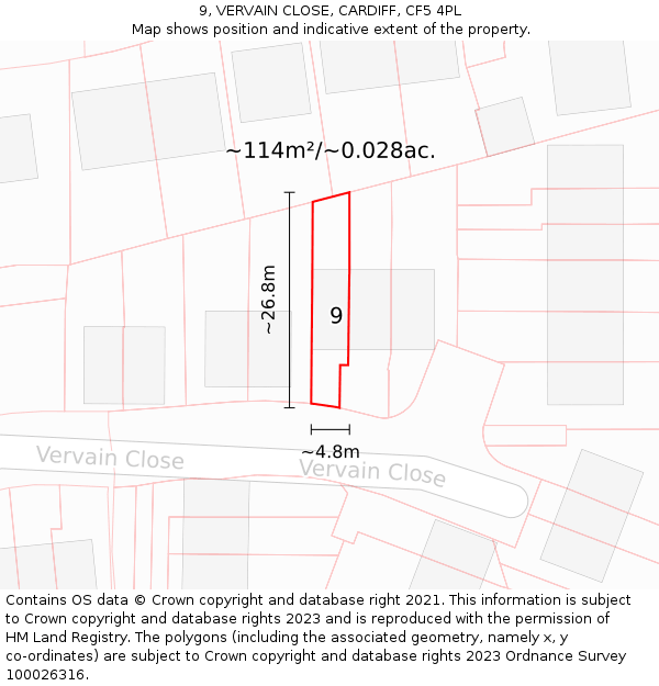 9, VERVAIN CLOSE, CARDIFF, CF5 4PL: Plot and title map