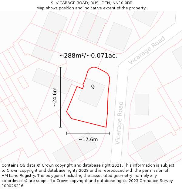 9, VICARAGE ROAD, RUSHDEN, NN10 0BF: Plot and title map