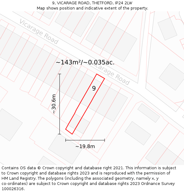 9, VICARAGE ROAD, THETFORD, IP24 2LW: Plot and title map